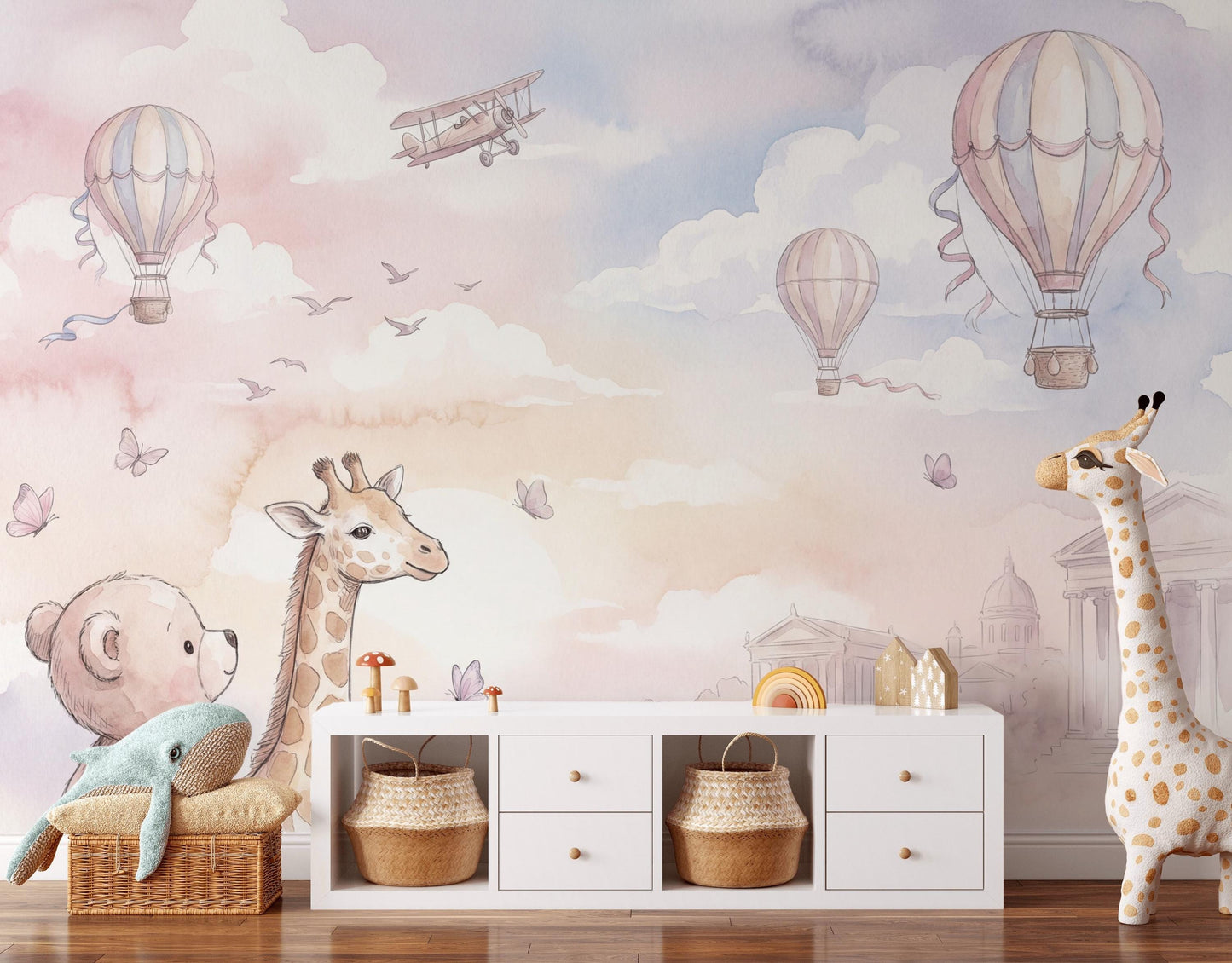 Baby Animal Nursery Wallpaper Giraffe Teddy Bear Hot Air Balloon Kids Room Wall Mural