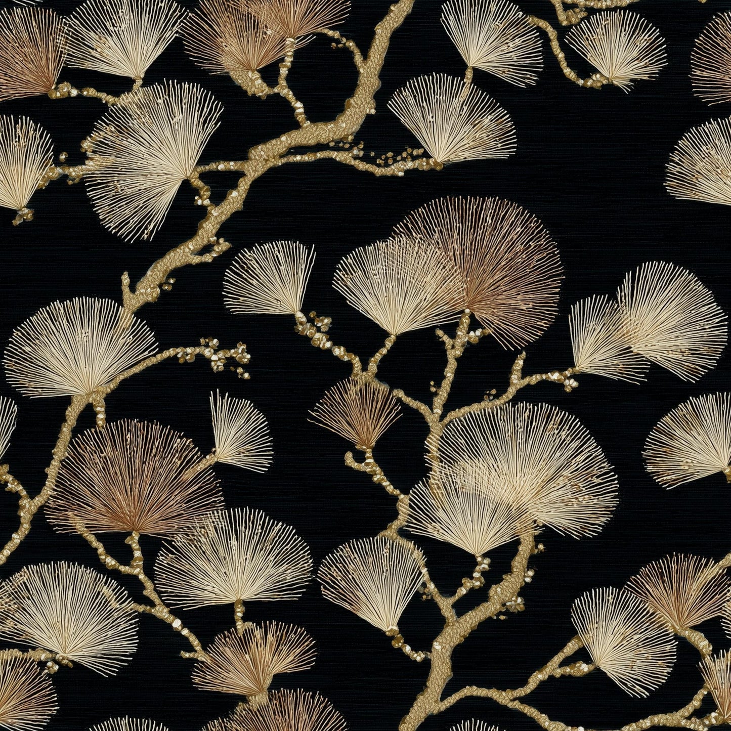 Black Gold Wallpaper Art Deco Ginkgo Pattern Seamless Repeat Luxury Wall Decor