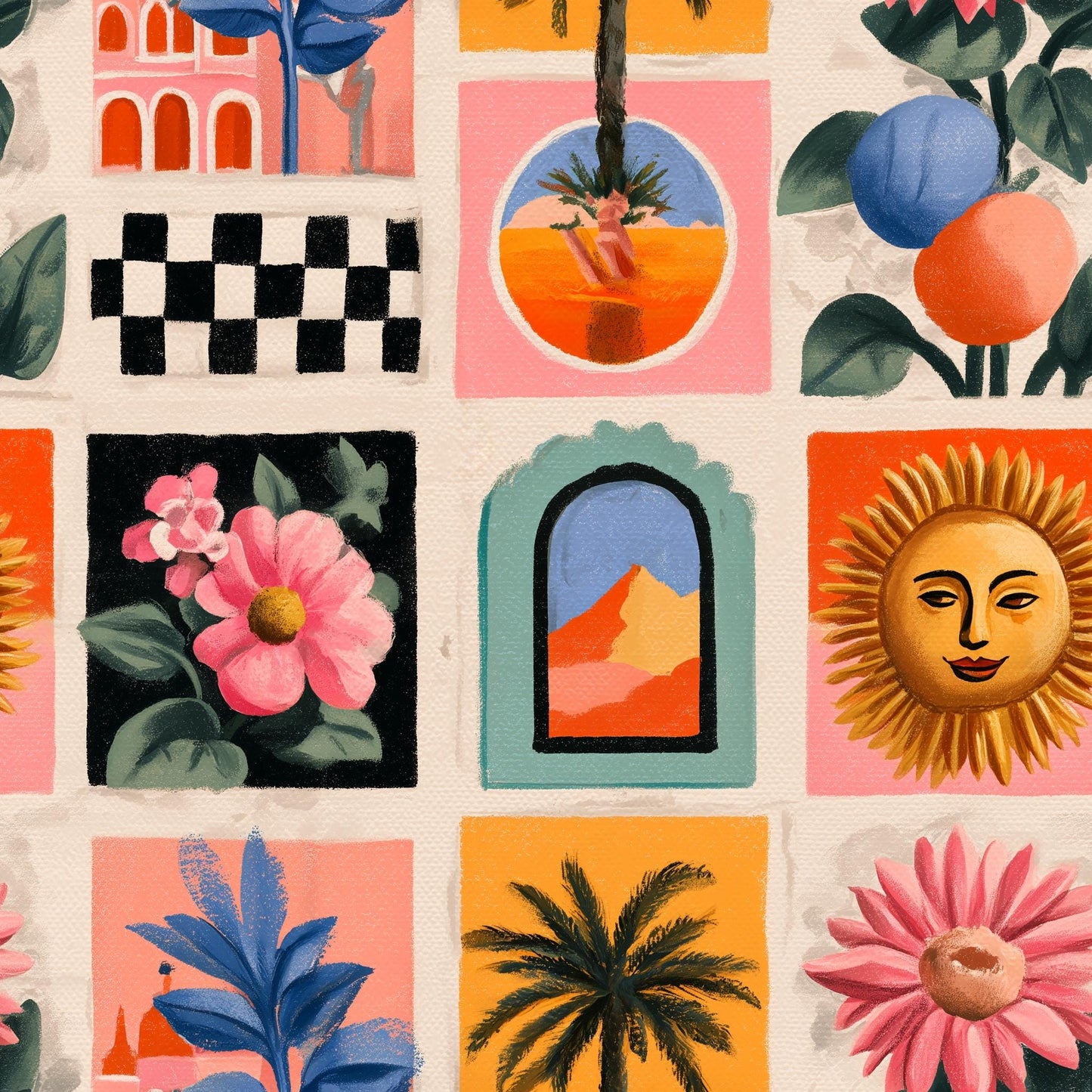 Retro Tile Wallpaper Mediterranean Pattern Eclectic Art Print Colorful Modern Wall Decor Repeat