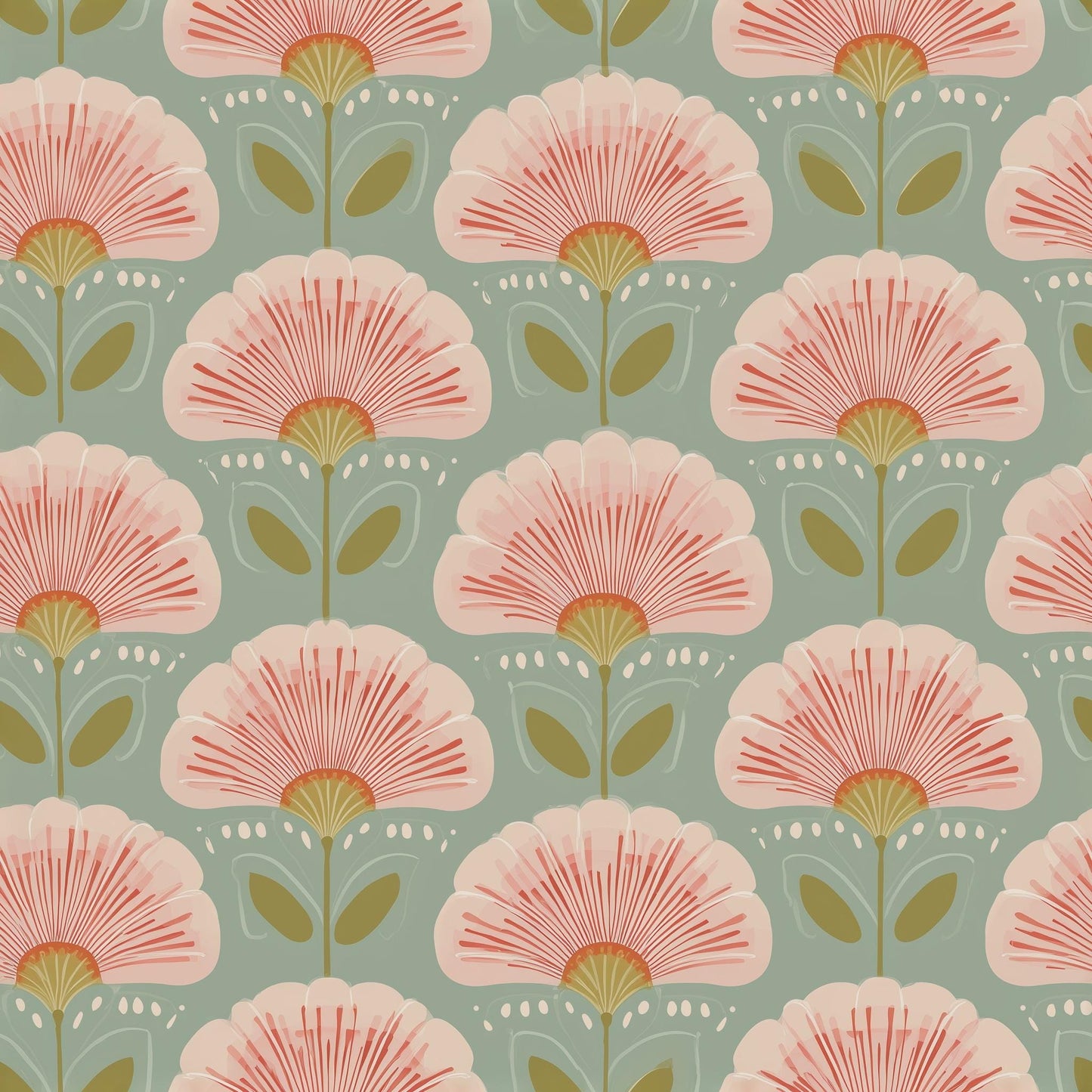 Art Deco Floral Wallpaper Sage Green Mid Century Botanical Pattern