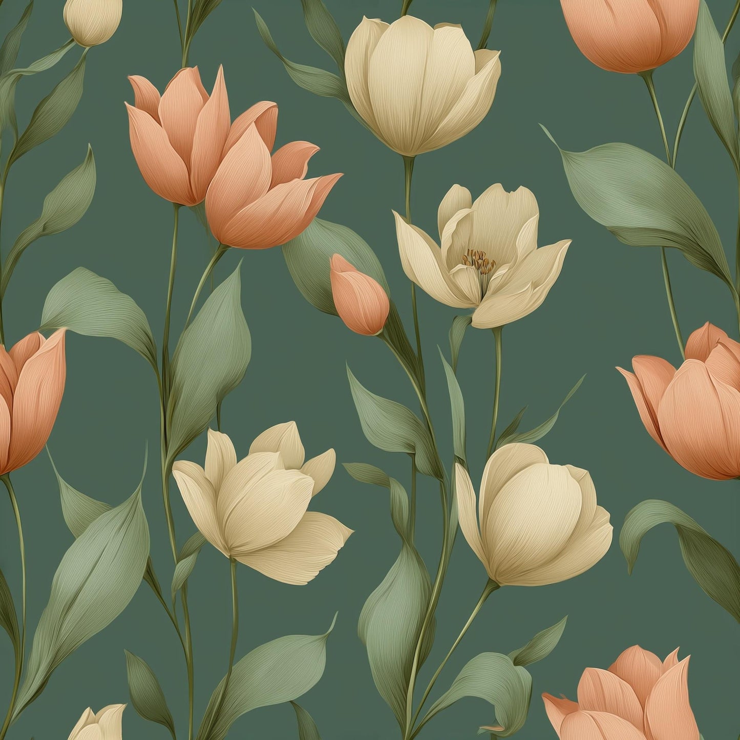 Tulip Pattern Wallpaper Green Floral Wall Design Elegant Botanical Home Decor
