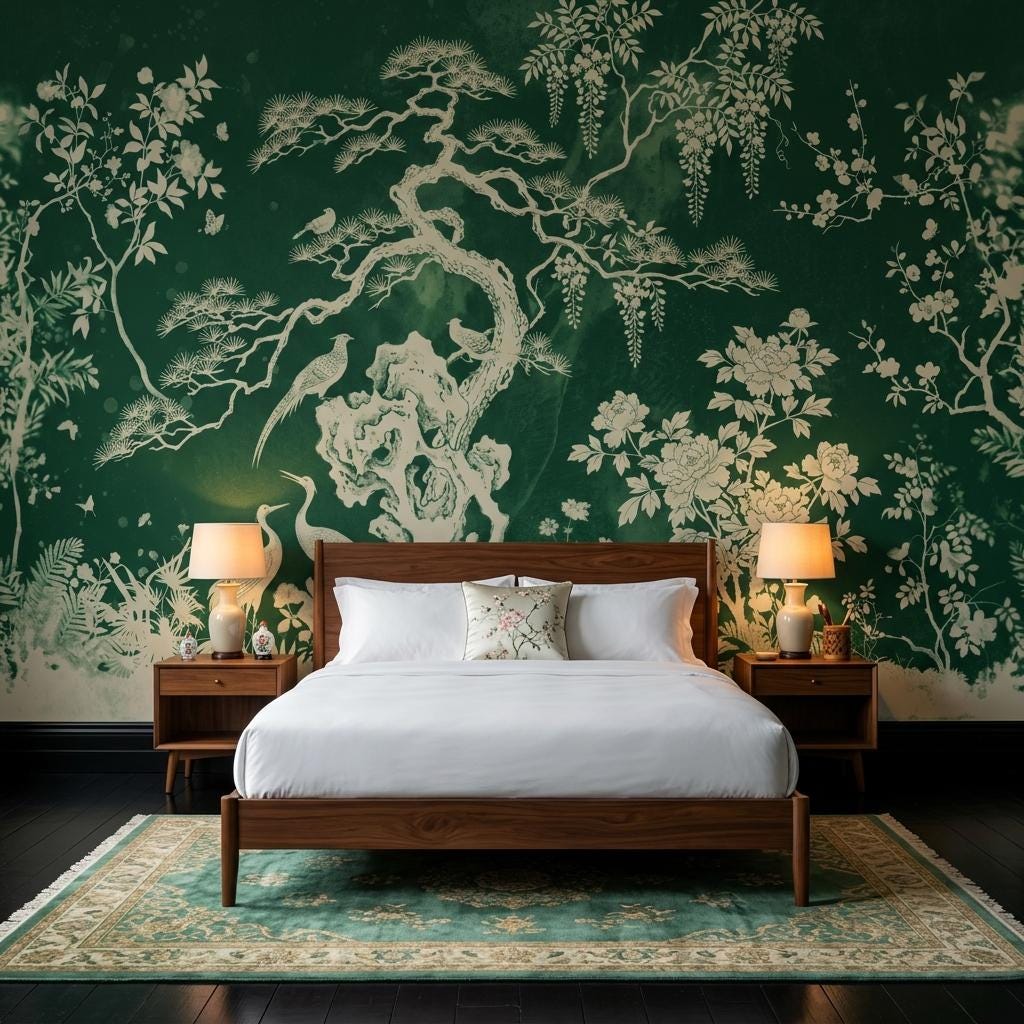 Chinoiserie Wallpaper Mural, Asian Botanical Wall Art, Green Oriental Wall Decor