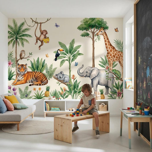 Storybook Safari Wall Mural Kids Jungle Scene Animal Nursery Decor Adventure Theme