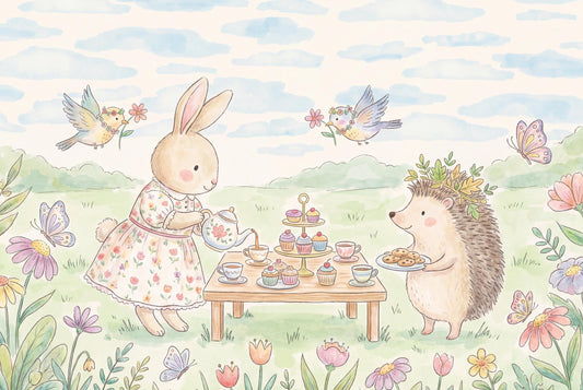 Whimsical Bunny Tea Party Wall Mural Pastel Animal Nursery Wallpaper Storybook Decor