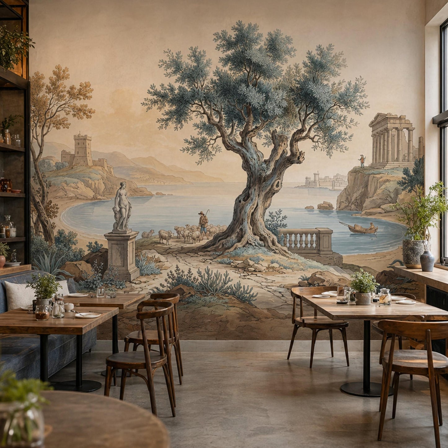 Vintage Mediterranean Landscape Wall Mural Olive Tree Coastal Scene Classical Art Wallpaper