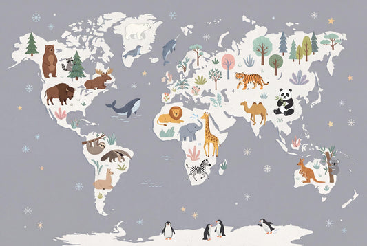 Animal World Map Wall Mural Safari Wildlife Geography Decor Playroom Classroom Wall Art