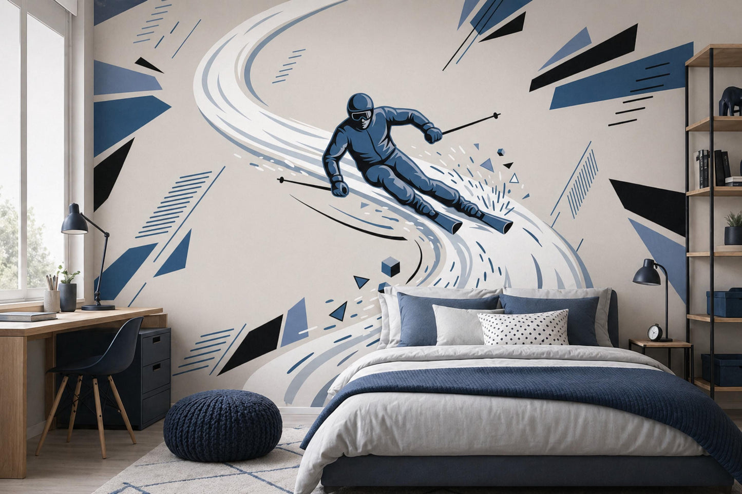 Ski Wall Mural Blue Sports Wallpaper Teen Room Decor Snowboarding Bedroom Wall Art