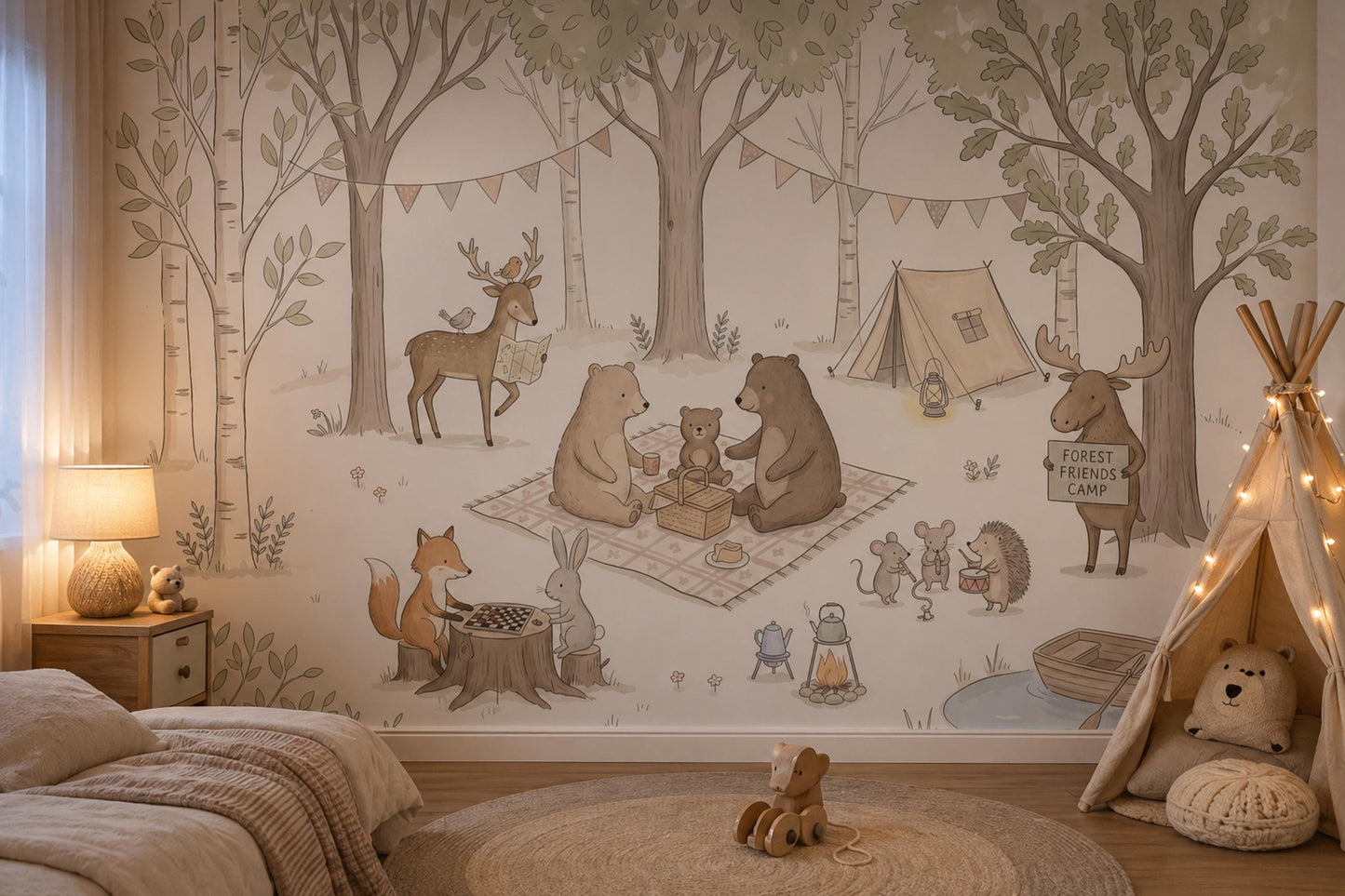 Woodland Camping Wallpaper Forest Animals Nursery Illustration Wall Mural