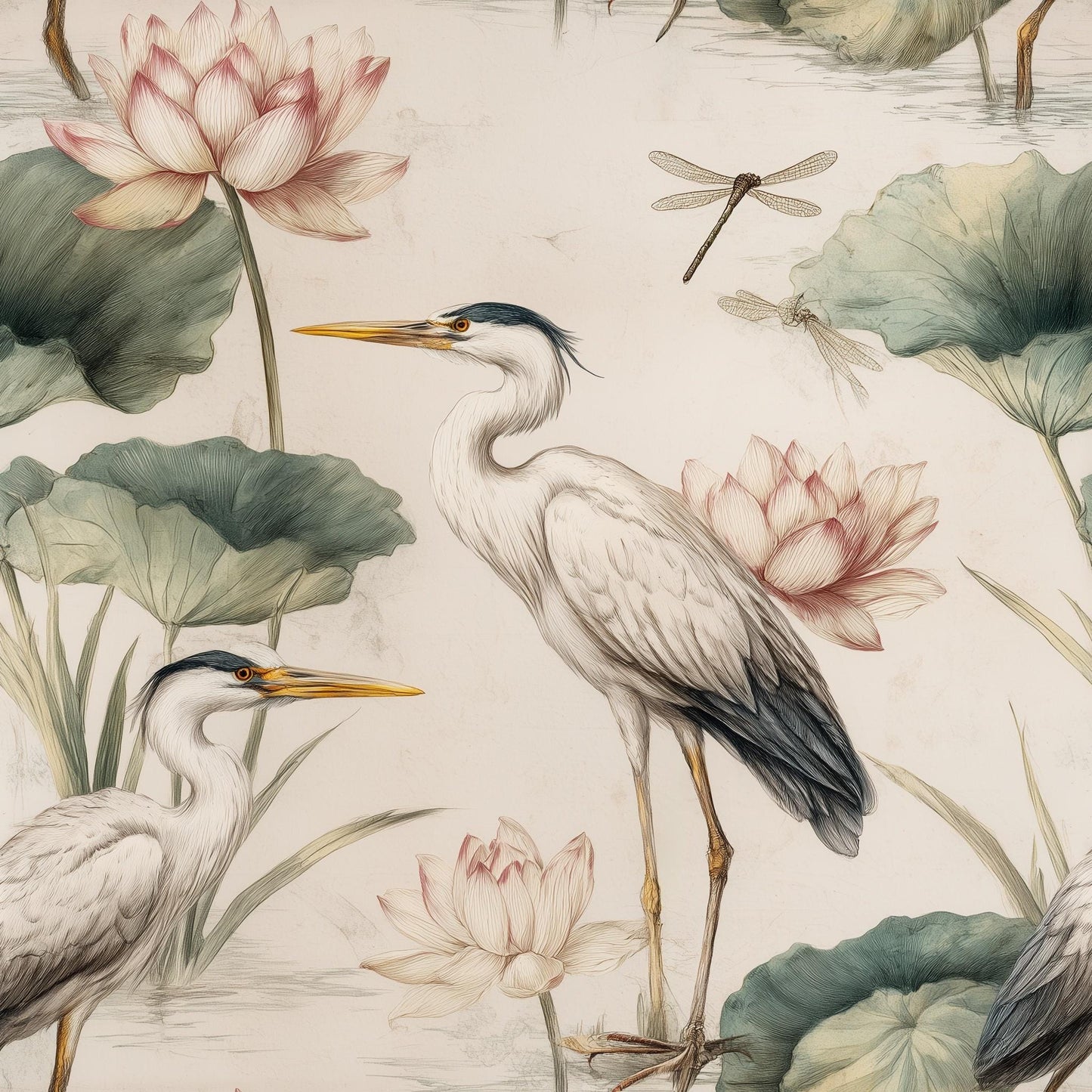 Crane Lotus Wallpaper Asian Inspired Bird Pattern Japandi Wall Decor Serene Nature Repeat Wallpaper