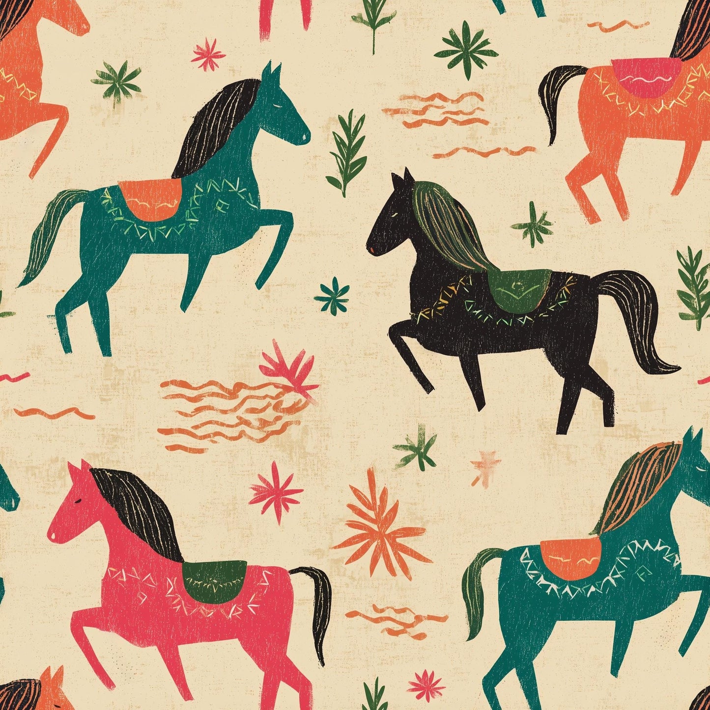 Kids Nursery Horse Wallpaper Folk Art Animal Pattern Removable Wall Decor