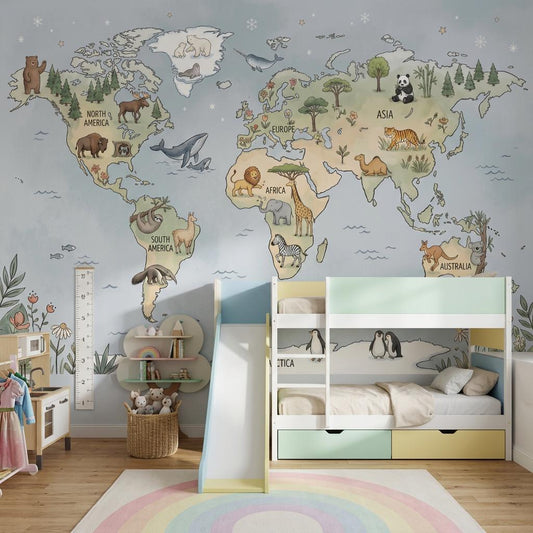Whimsical Animal World Map Wallpaper Little Explorer Nursery Mural Storybook Kids Room Decor