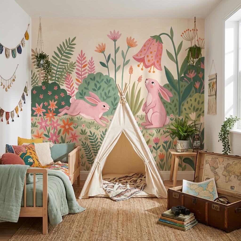 Blush Bunny Garden Wall Mural Pink Floral Nursery Wallpaper Whimsical Kids Room Decor