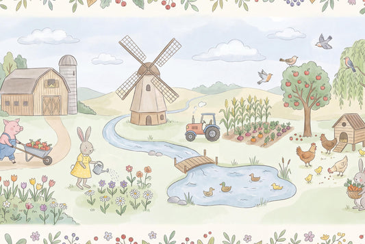 Storybook Farm Wall Mural Kids Nursery Wallpaper Barn Animals Country Landscape Decor