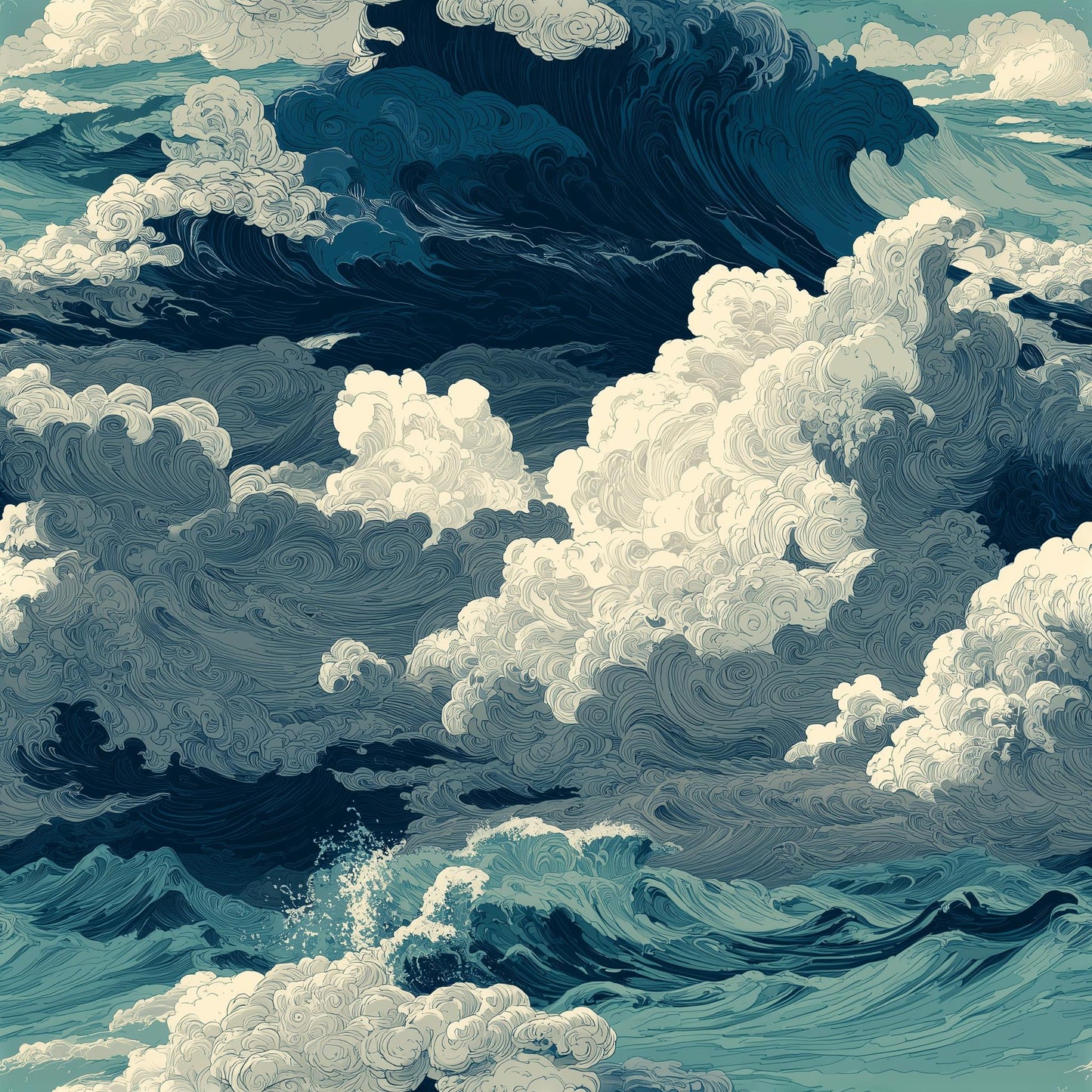 Ocean Wave Pattern Wallpaper Dark Blue Coastal Seamless Sea Wall Decor