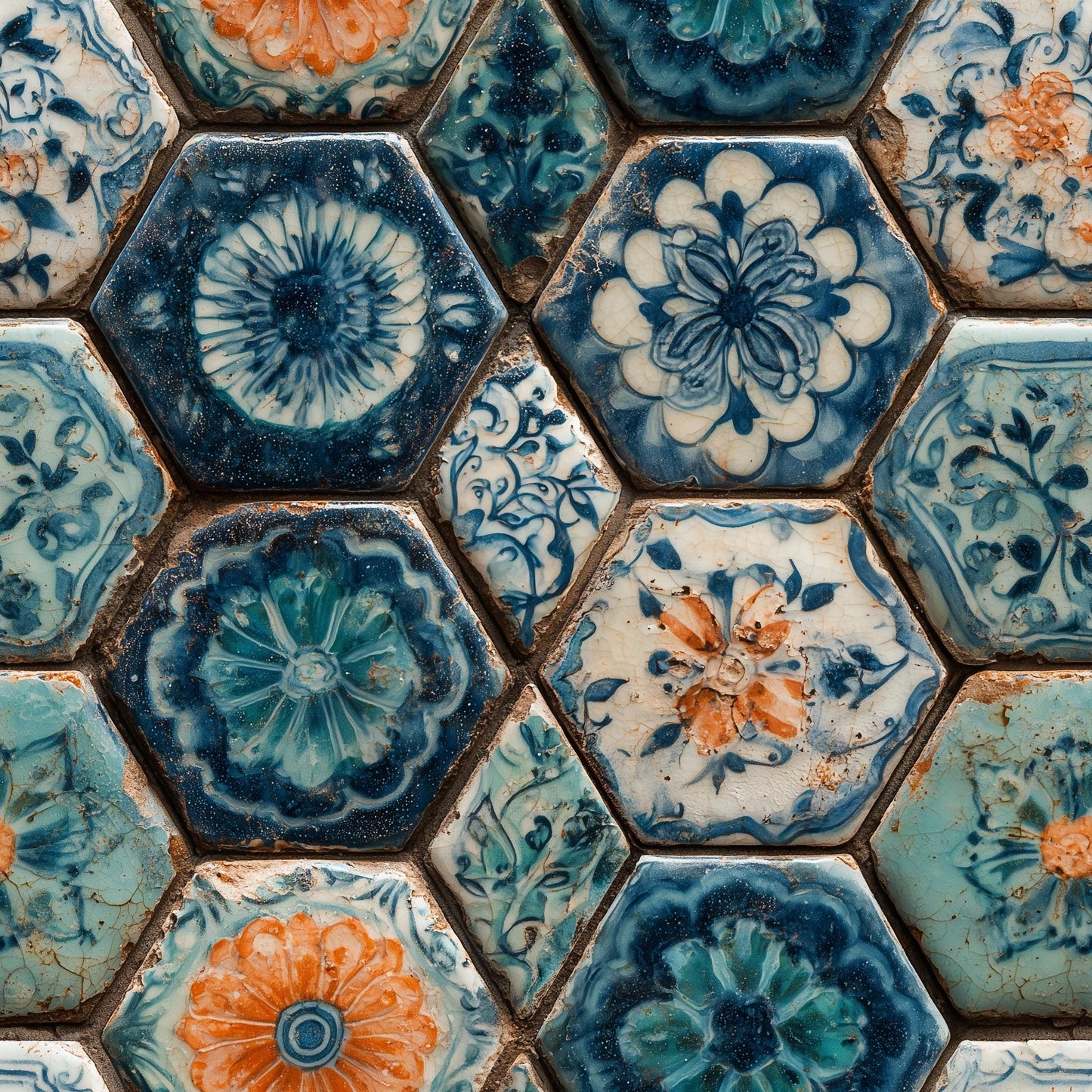 Blue Mosaic Tile Wallpaper Hexagon Pattern Ceramic Tile Art Mediterranean Decor