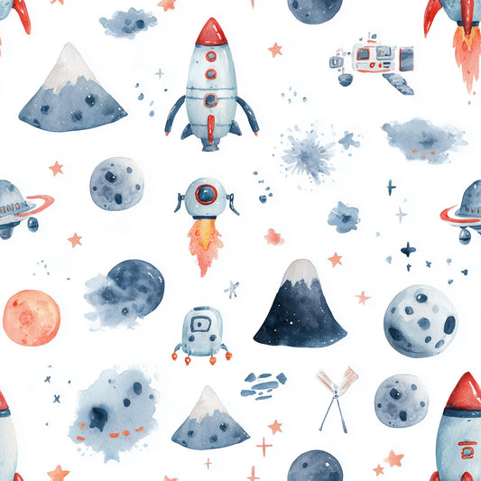 Watercolor Space Wallpaper Pattern Rocket Planet Galaxy Kids Nursery Wall Decor