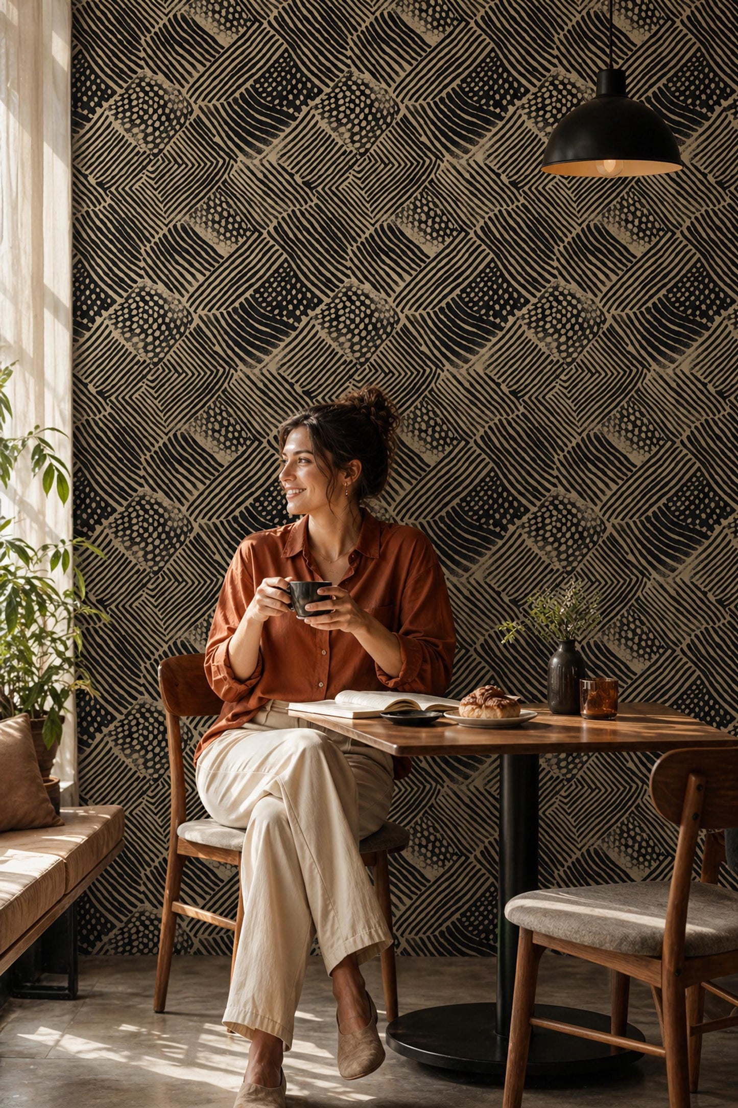Primitive Linework Wallpaper Black Beige Geometric Block Print Wall Pattern