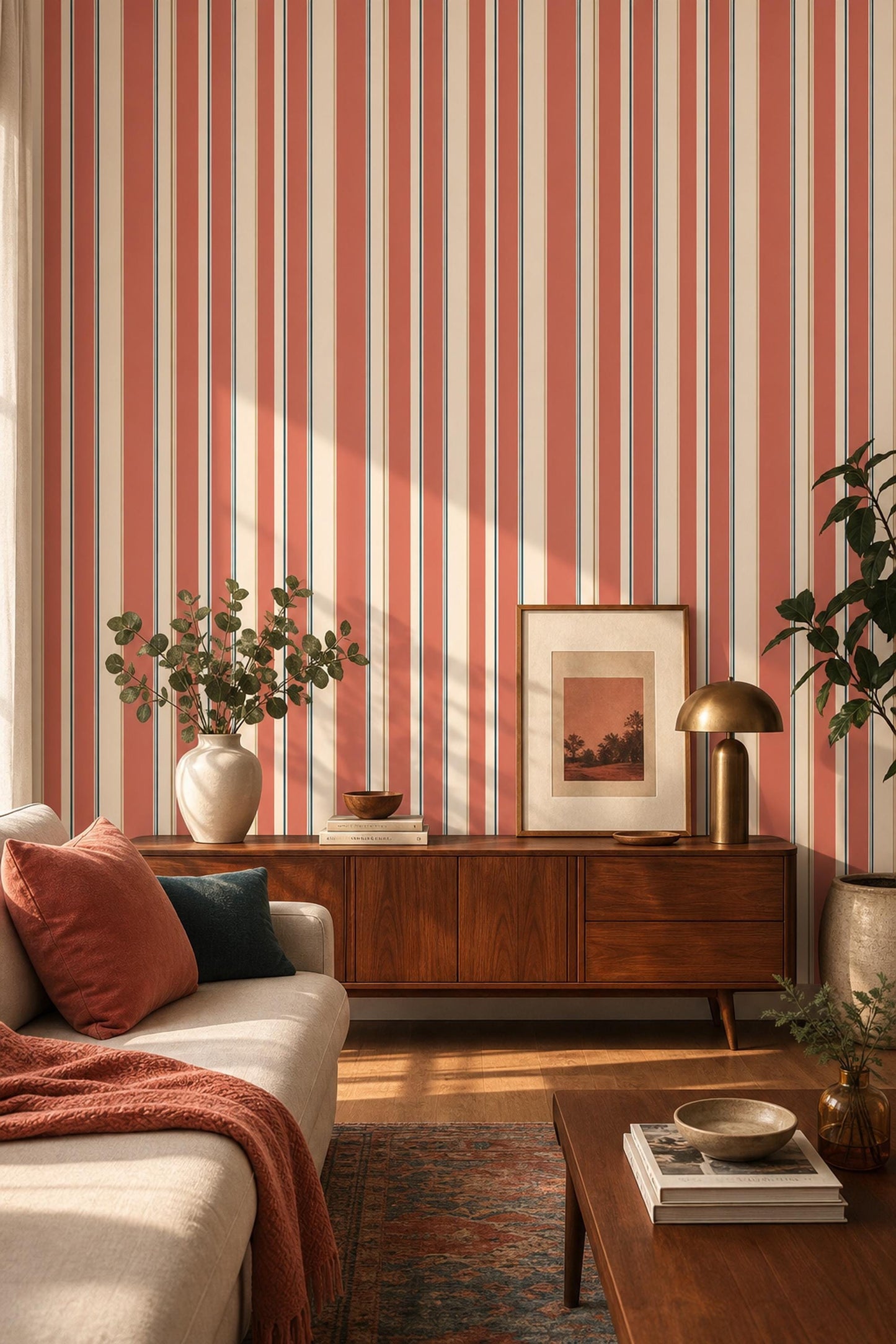 Warm Stripe Wallpaper Retro Modern Vertical Lines Neutral Wall Decor Home Design