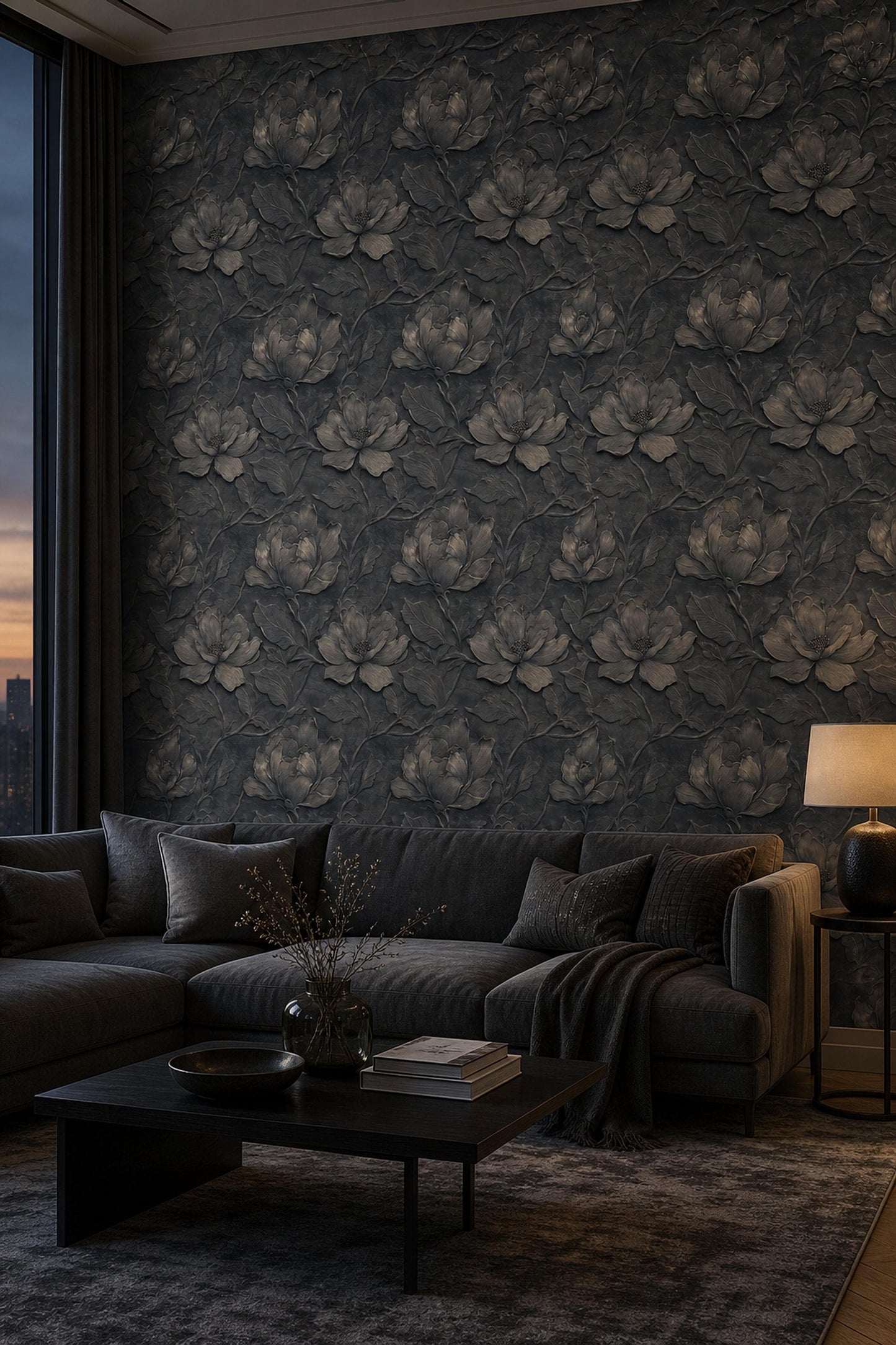 Dark Floral Wallpaper Embossed 3D Luxury Wall Mural Moody Interior Decor