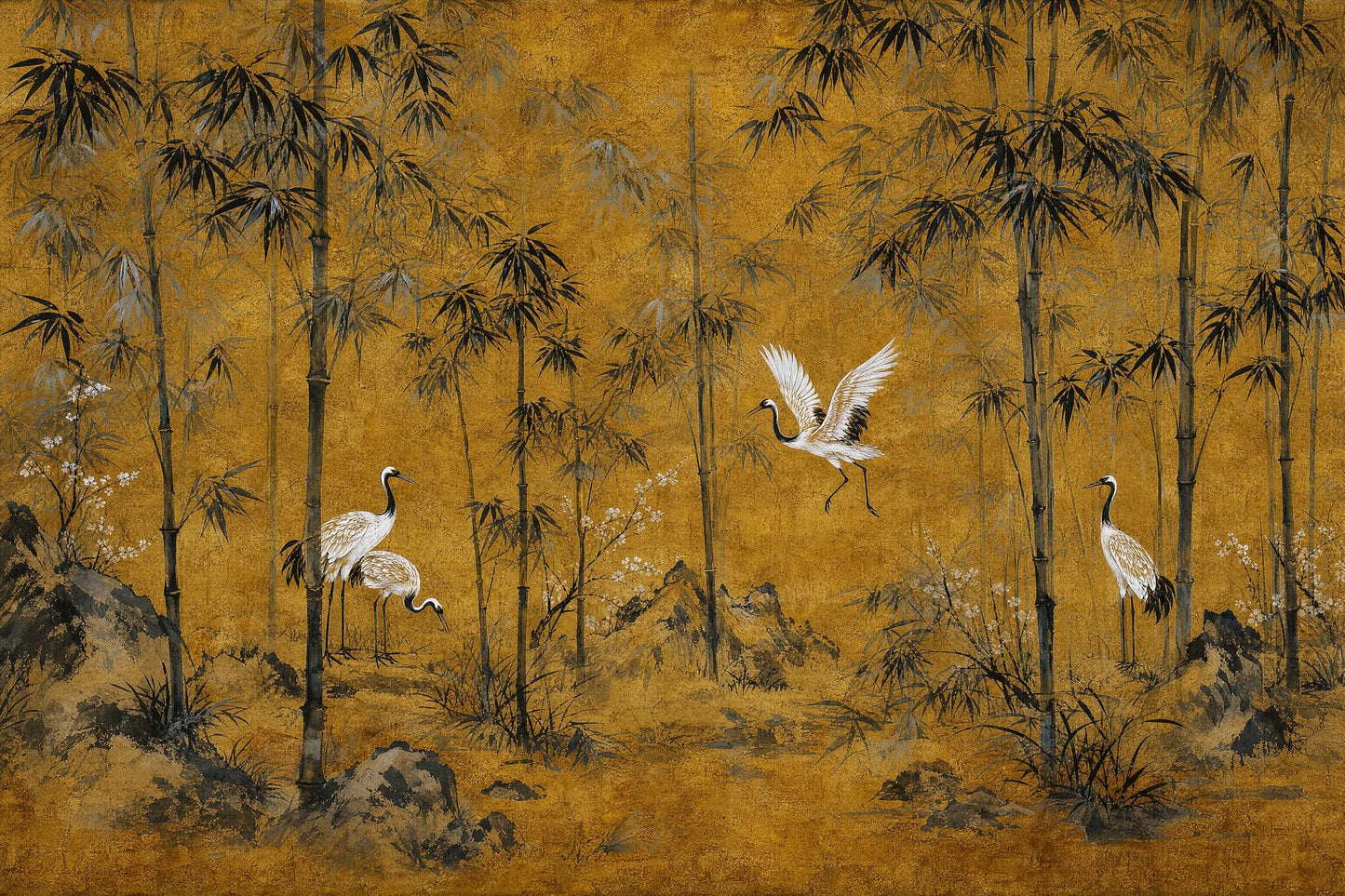 Golden Bamboo Wall Mural Crane Wallpaper Asian Landscape Japandi Zen Decor