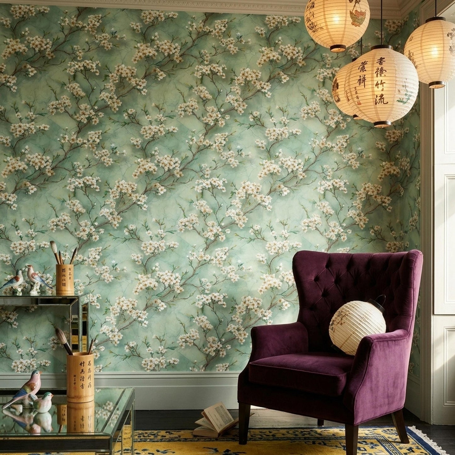Cherry Blossom Wallpaper Sage Green Floral Pattern Botanical Wall Decor