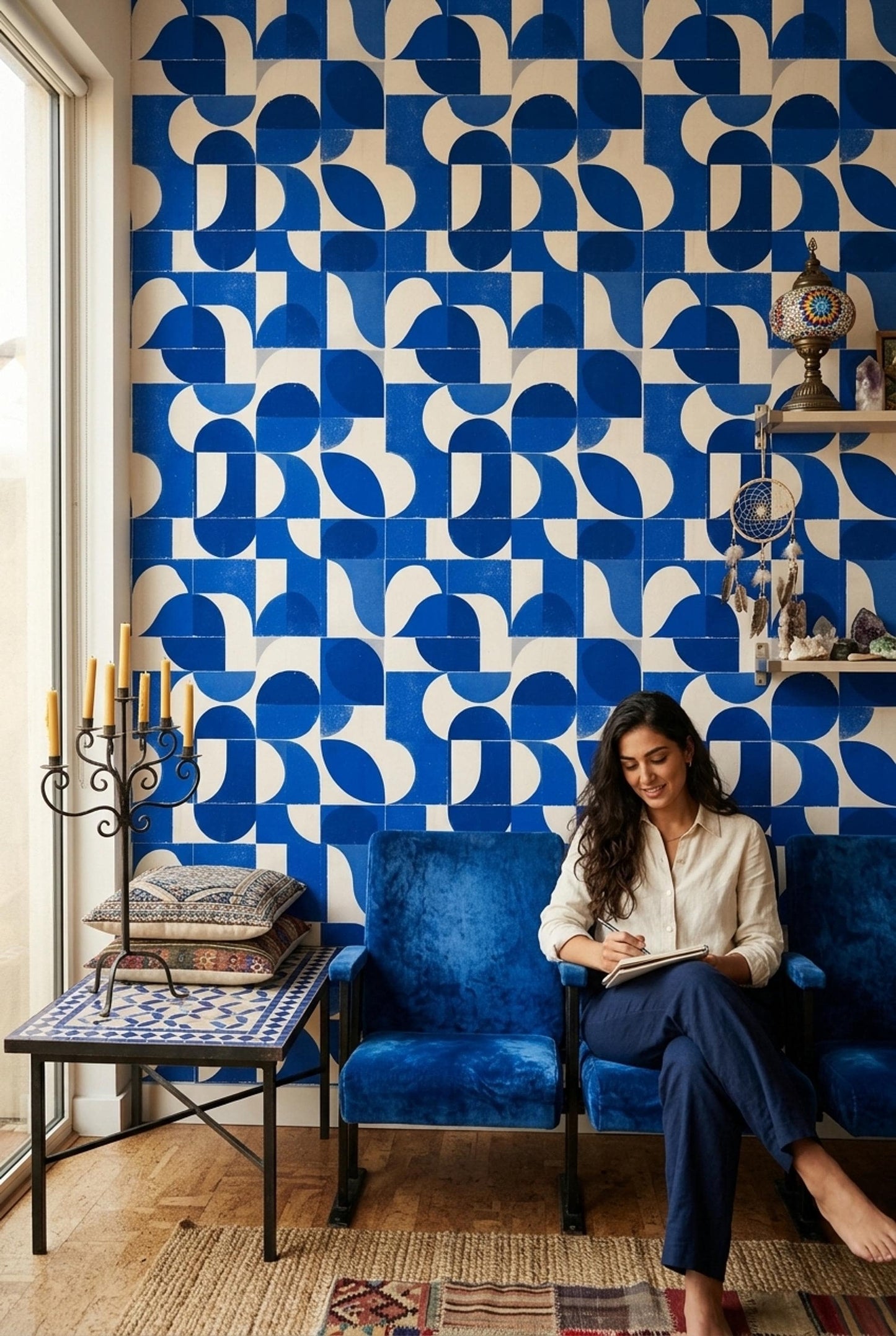 Cobalt Blue Geometric Wallpaper Mid Century Modern Pattern Retro Abstract Wall Decor