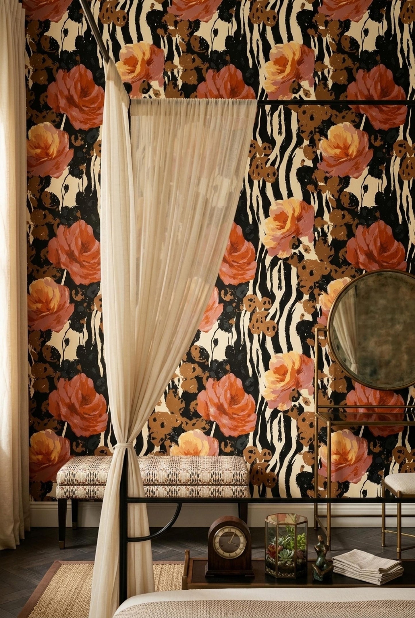 Maximalist Floral Wallpaper Animal Print Botanical Pattern Moody Luxury Wall Decor