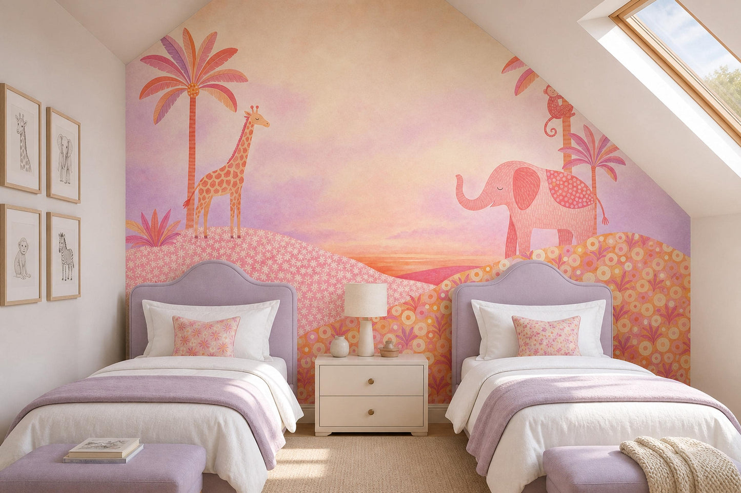 Pink Safari Animal Wall Mural Watercolor Elephant Giraffe Jungle Kids Room Decor