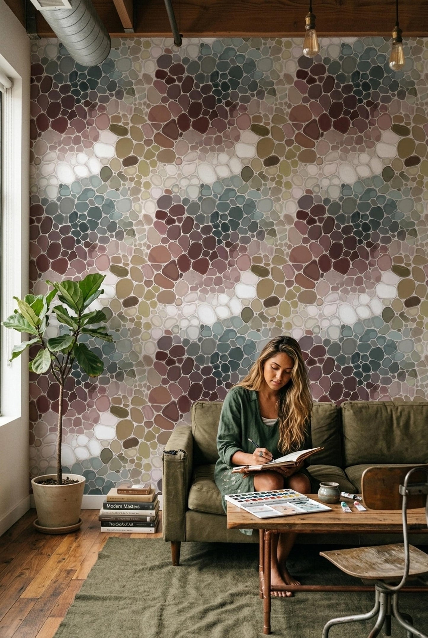 Stone Mosaic Wallpaper Organic Pebble Pattern Earth Tone Abstract Modern Wallpaper
