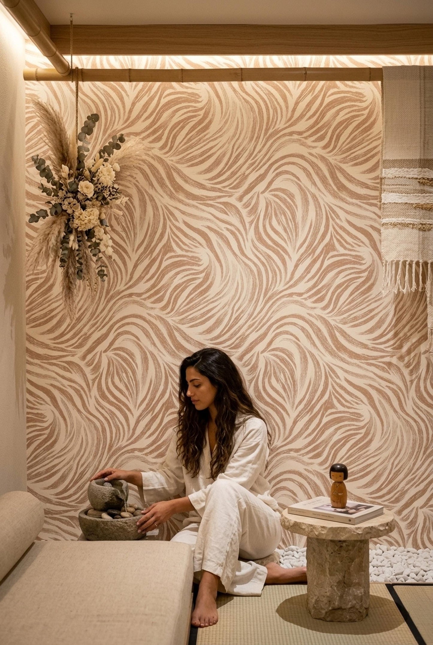 Blush Zebra Wave Wallpaper Organic Stripe Pattern Neutral Designer Wall Decor