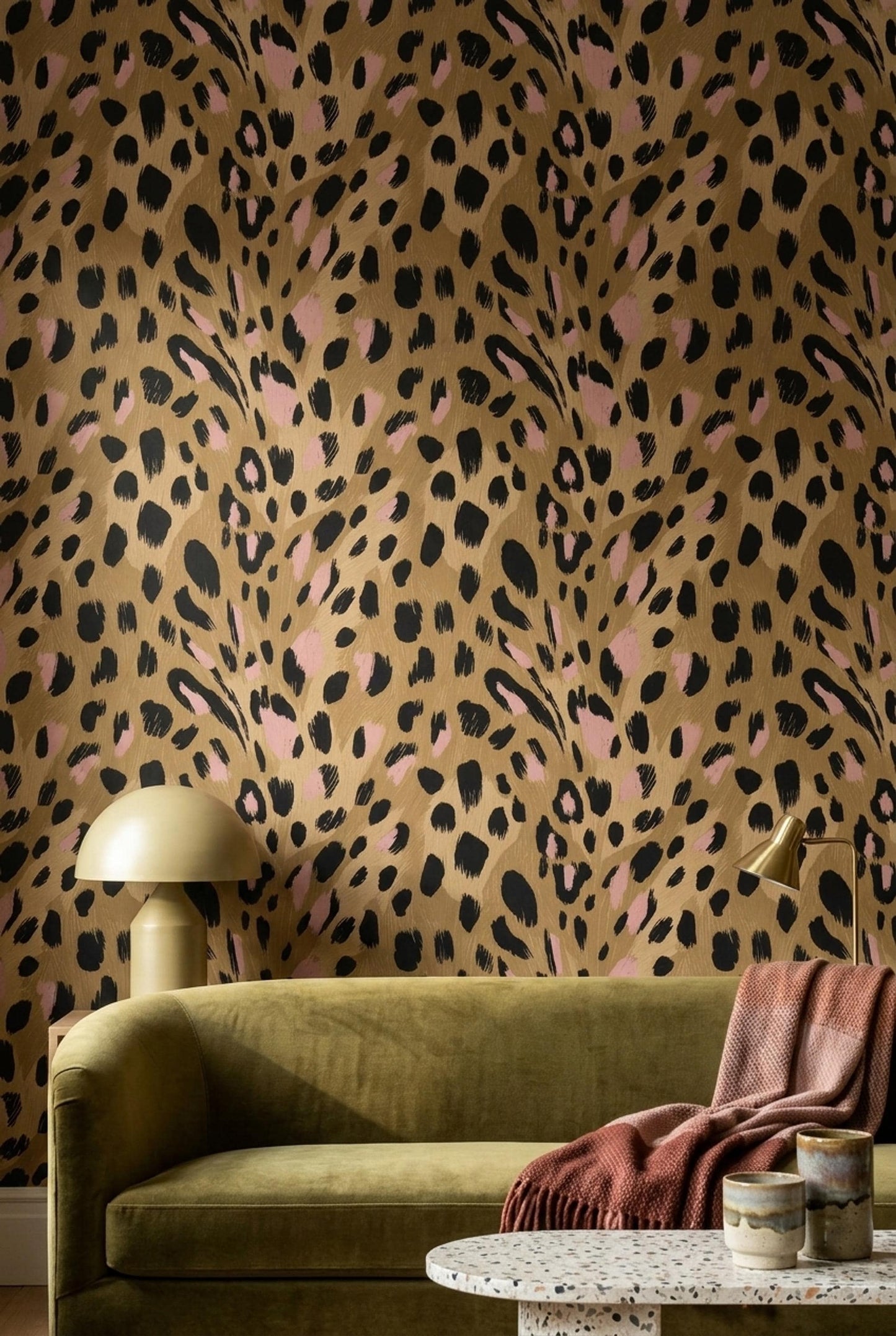 Blush Leopard Print Wallpaper Chic Animal Pattern Pink Beige Glam Accent Wall Decor