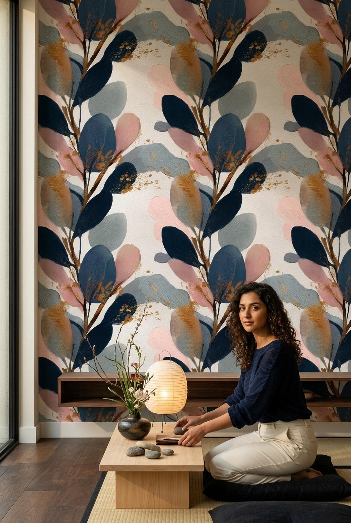 Abstract Botanical Wall Decor Modern Leaf Pattern Navy Blush Japandi Statement Design