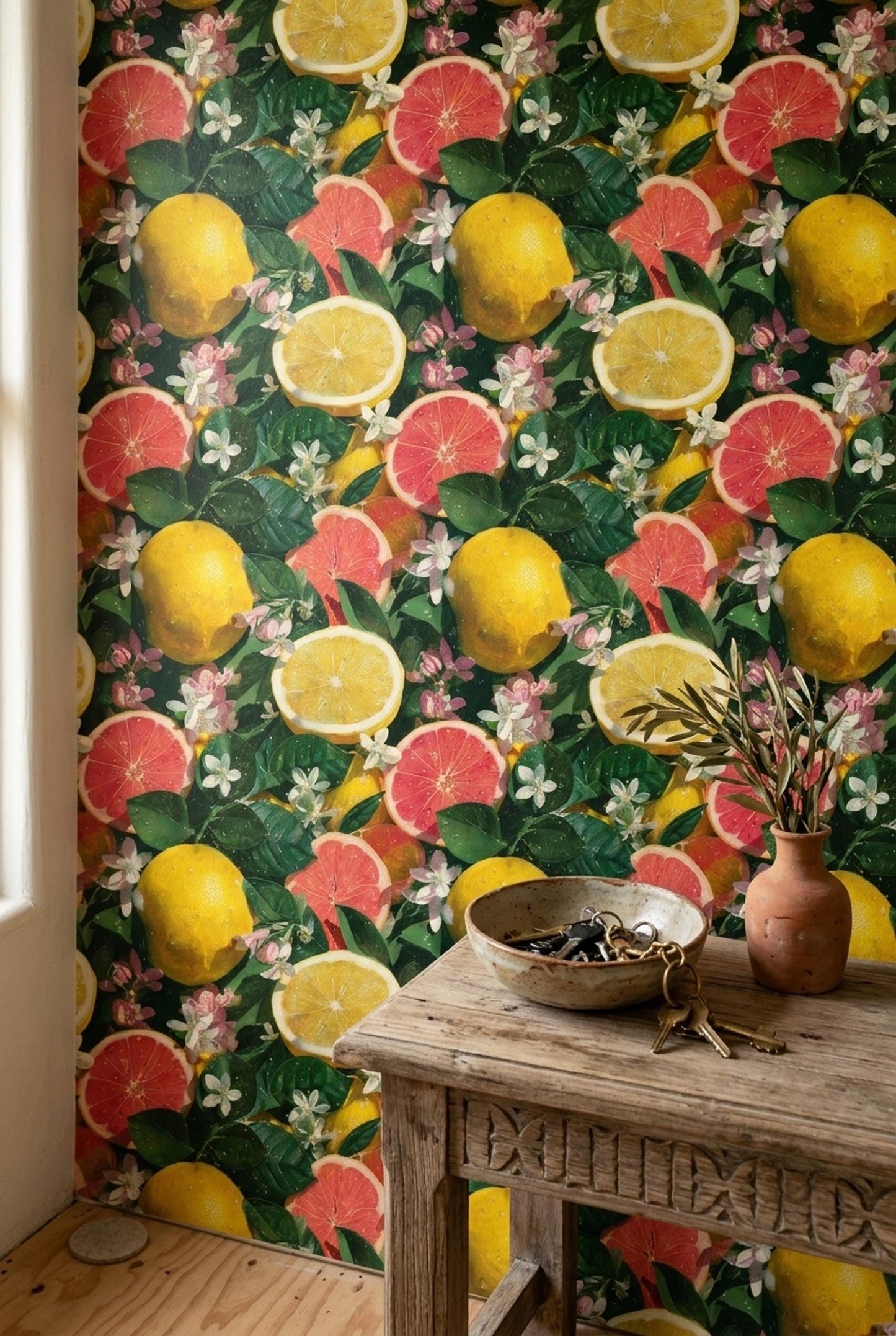 Citrus Wallpaper Lemon Grapefruit Pattern Mediterranean Fruit Wall Decor Tropical Botanical