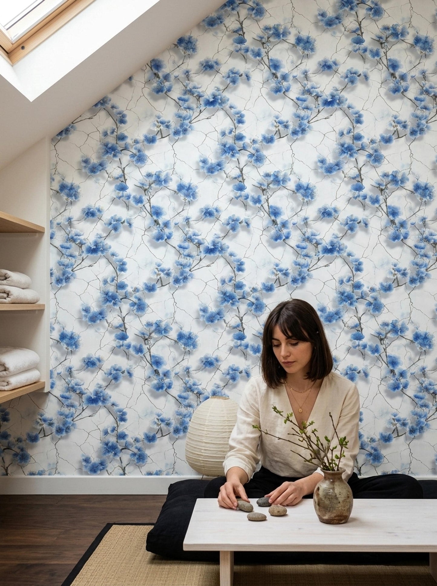 Blue Cherry Blossom Wallpaper Chinoiserie Floral Pattern Japanese Garden Wall Decor