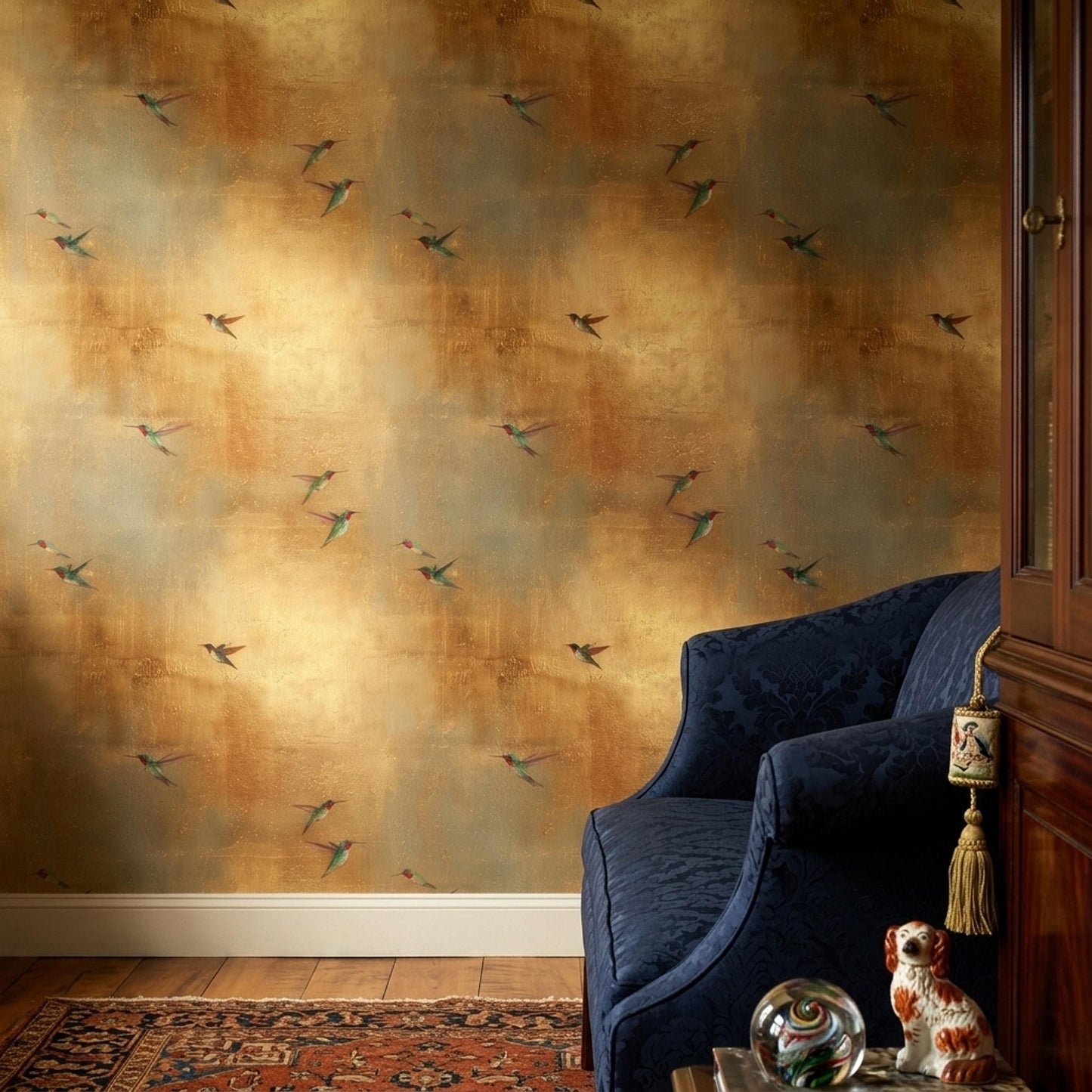 Golden Hummingbird Wallpaper Metallic Luxe Bird Pattern Art Deco Wall Decor Gold