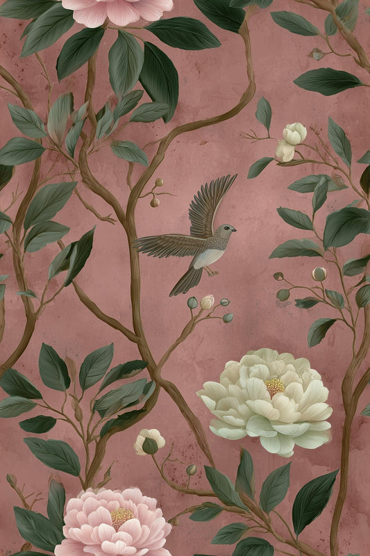Vintage Peony Bird Wallpaper Dusty Rose Chinoiserie Floral Wall Decor Cottagecore