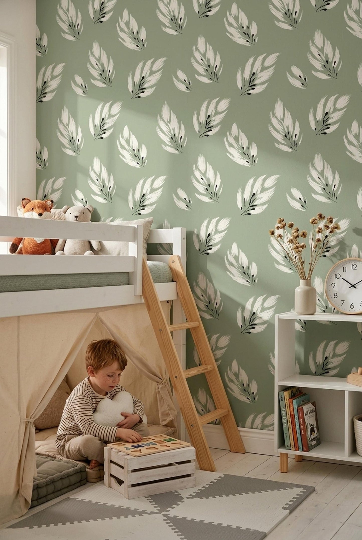 Sage Feather Wallpaper Scandinavian Nature Decor Minimal Botanical Accent Wall