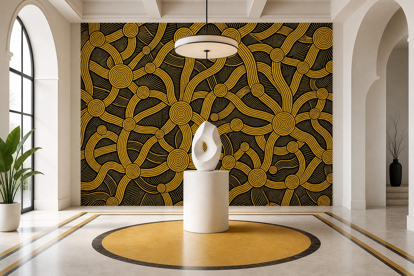 Abstract Concentric Circles Wall Mural Gold Black Geometric Statement Decor