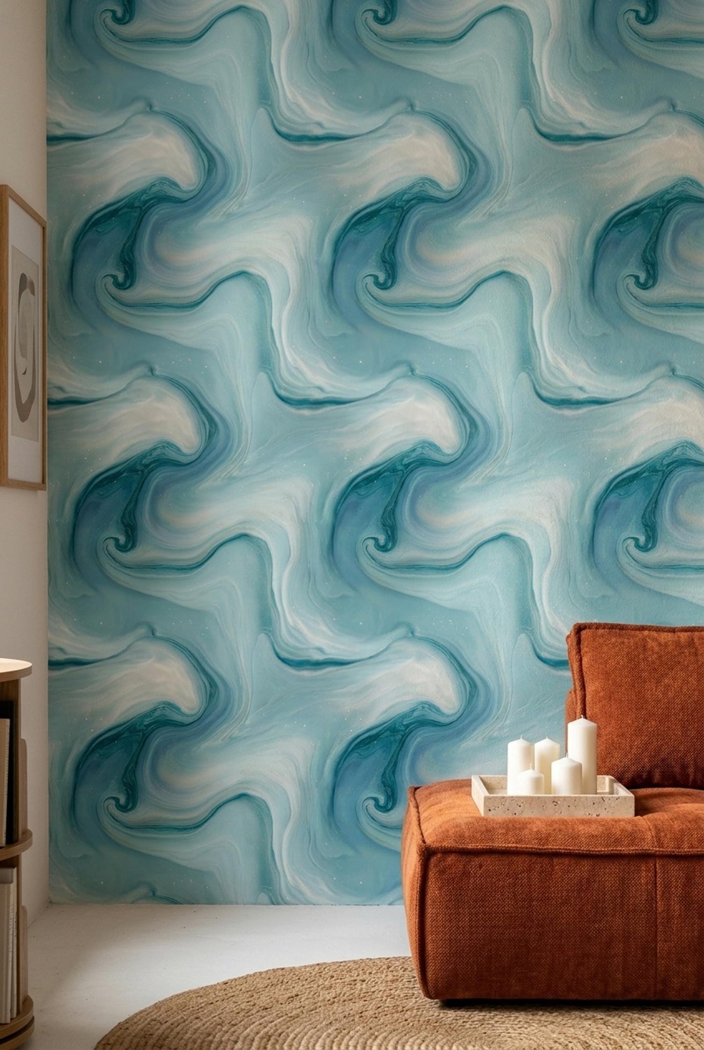 Sea Glass Marble Wallpaper Coastal Blue Swirl Pattern Ocean Inspired Wall Decor