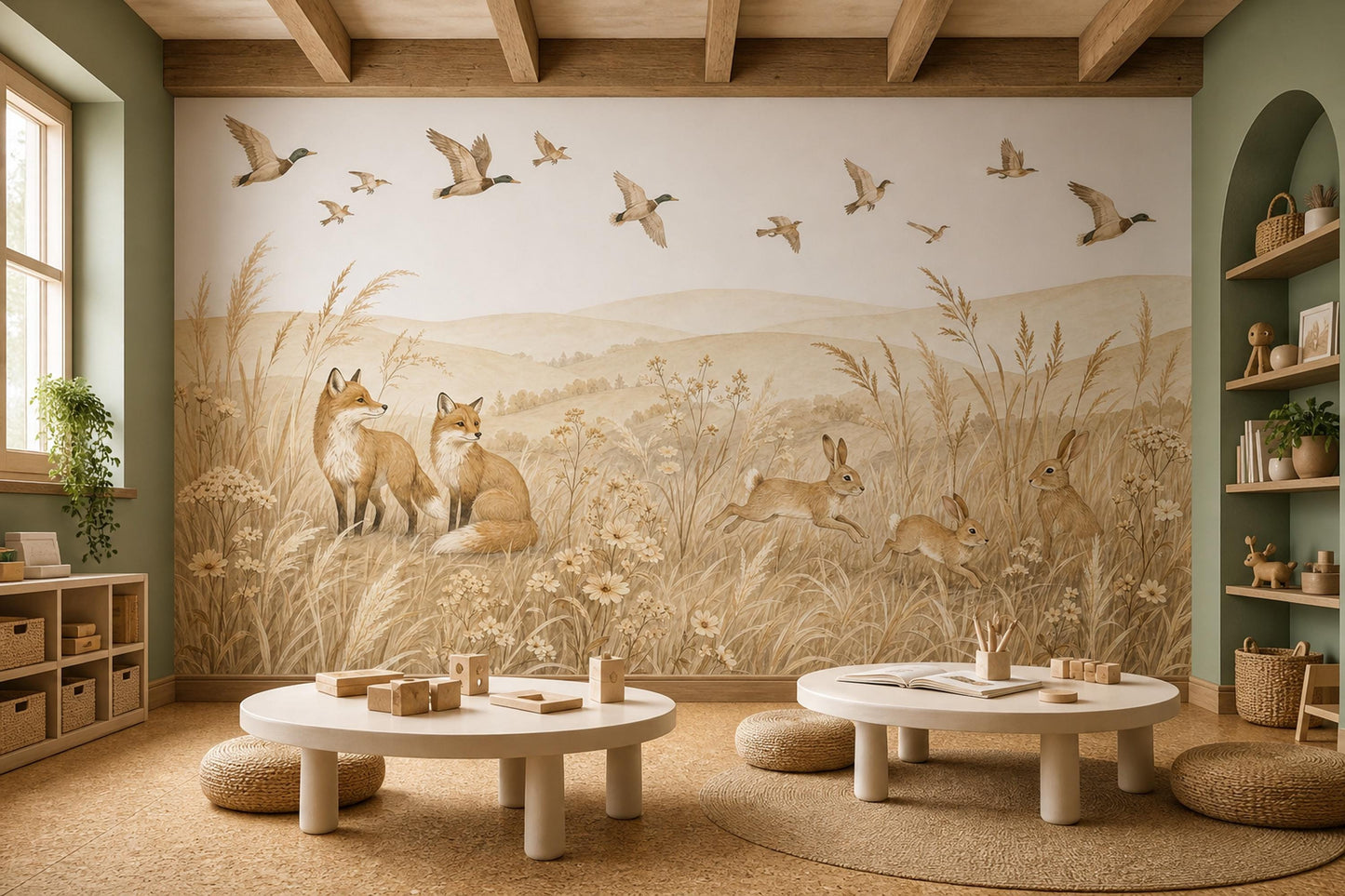 Pastoral Landscape Wallpaper Watercolor Illustration Foxes Wall Mural