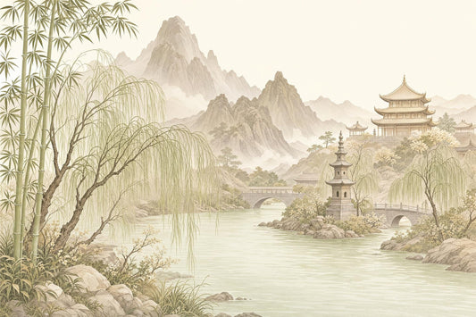 Asian Landscape Wall Mural Serene River Wallpaper Oriental Mountain Panorama Decor