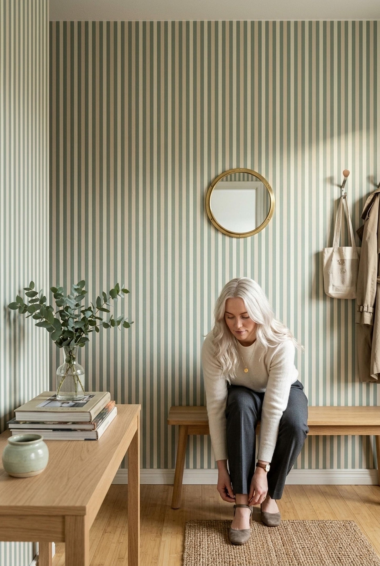 Sage Green Stripe Wallpaper Scandinavian Coastal Decor Modern Minimalist Wall Design