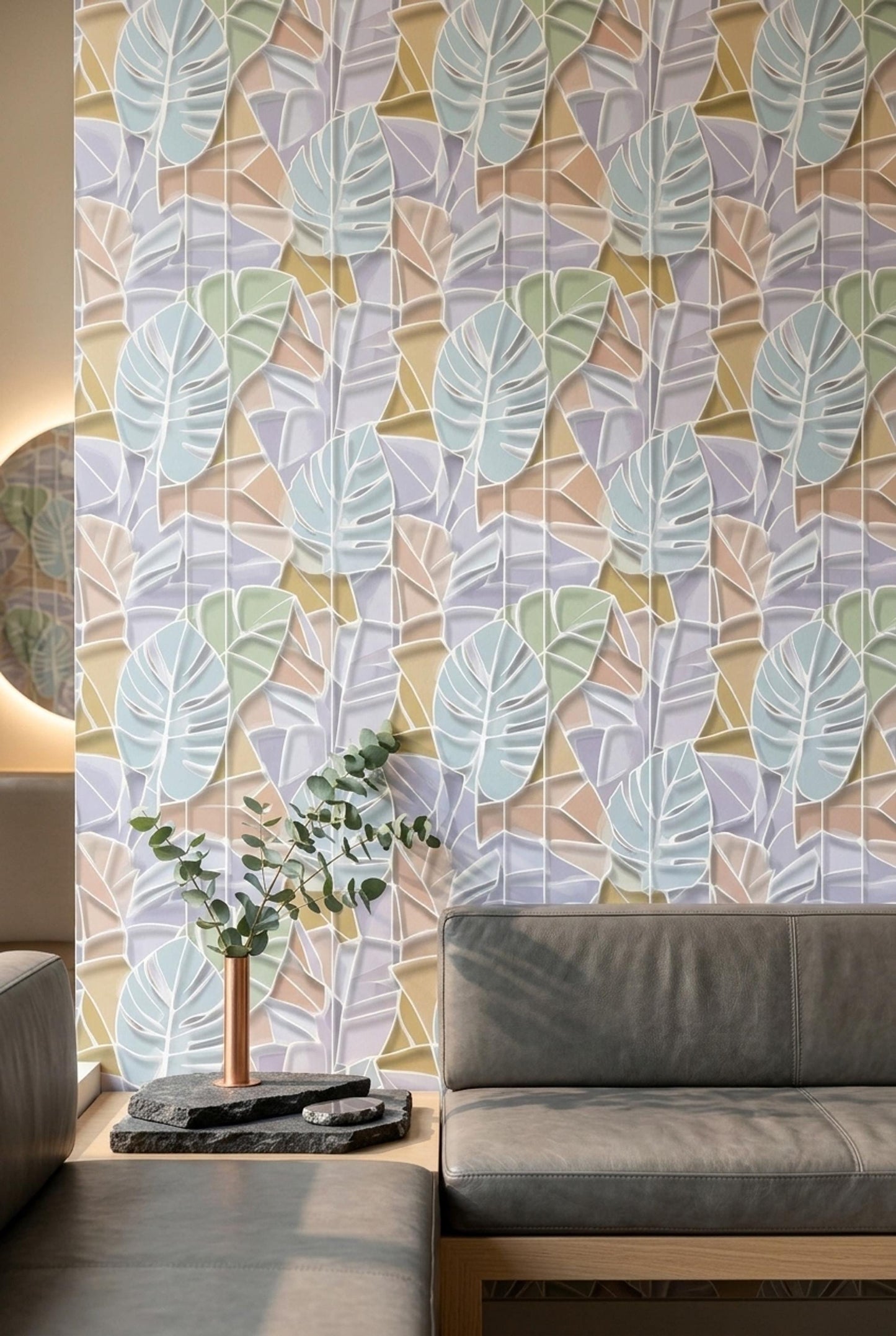 Pastel Tropical Leaf Wallpaper Modern Botanical Pattern Soft Abstract Palm Wall Decor