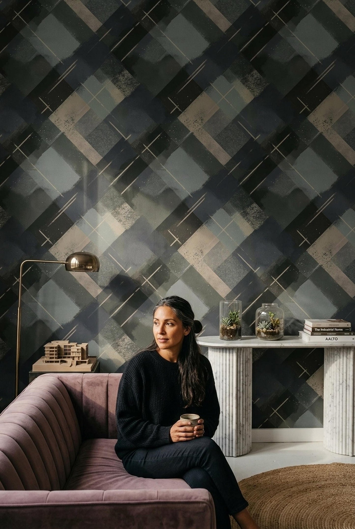 Dark Geometric Wallpaper Industrial Abstract Plaid Pattern Modern Masculine Wall Decor