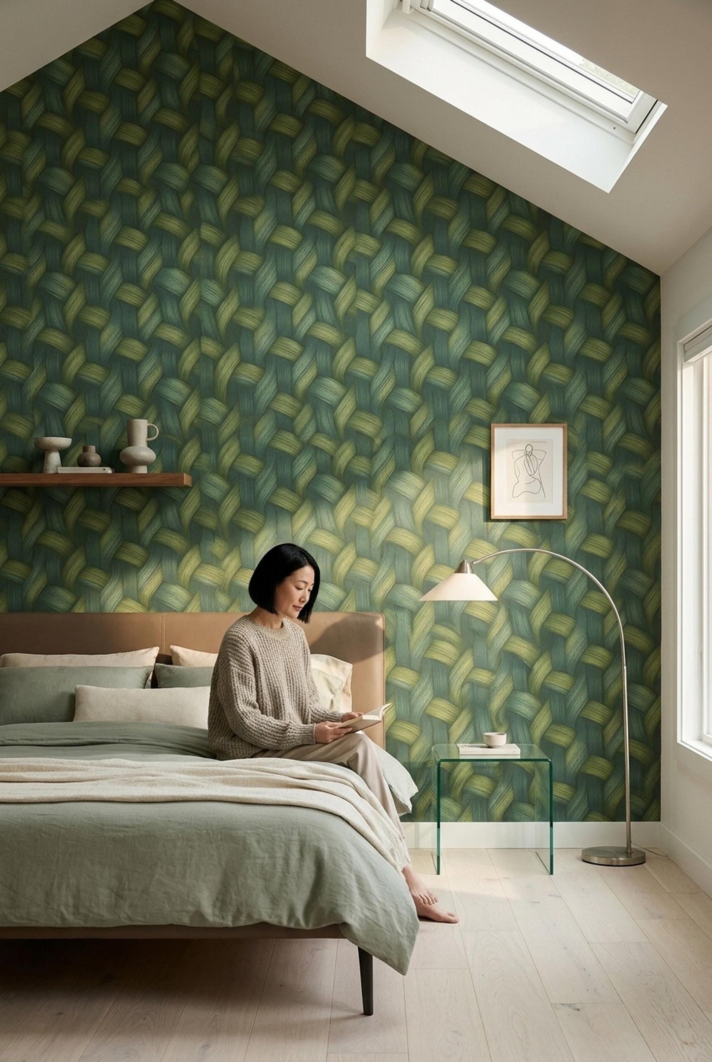 Green Woven Wallpaper Textured Basket Weave Wallpaper Organic Modern Wall Decor