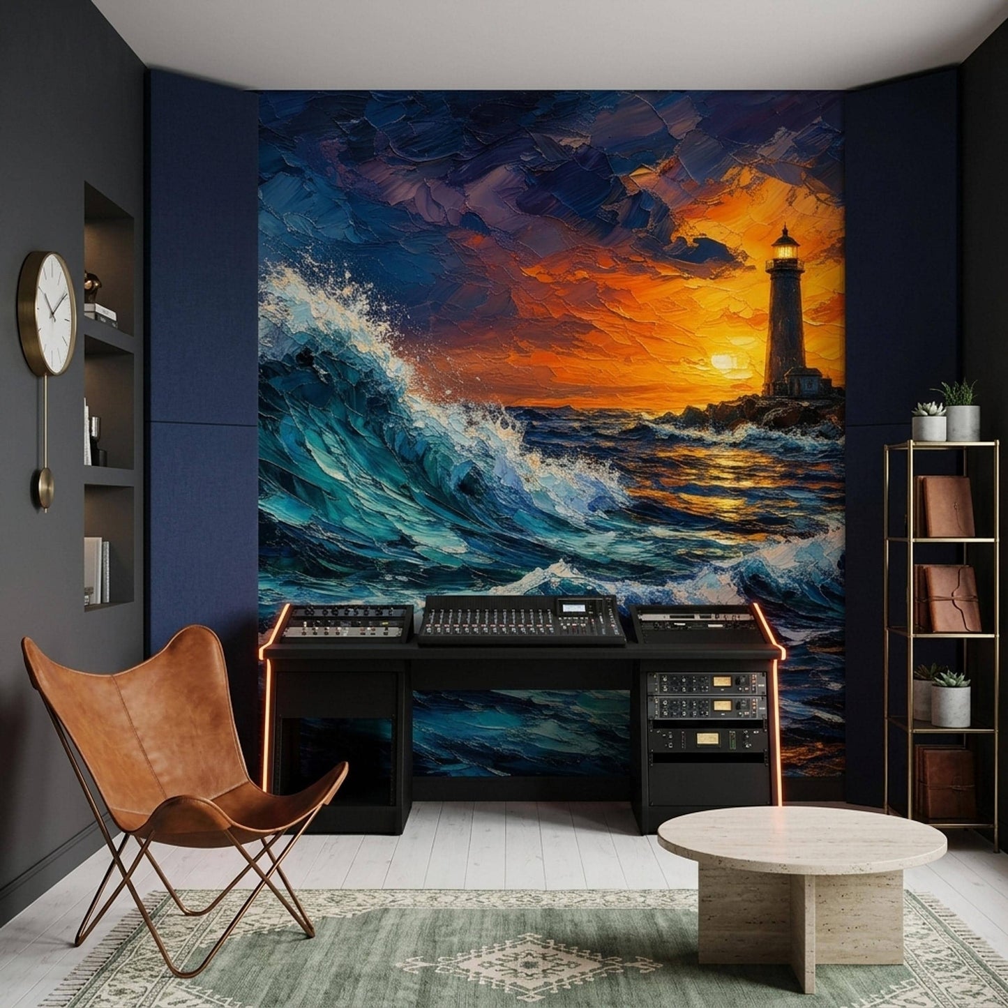 Moody Coastal Wall Mural Dramatic Ocean Wave Lighthouse Sunset Seascape Decor