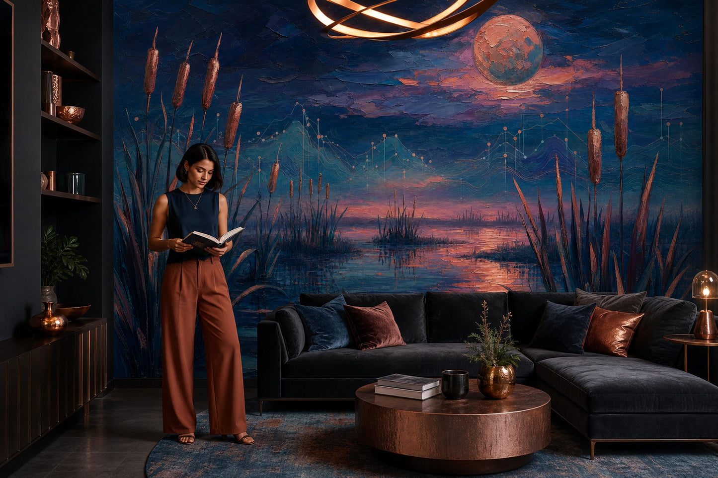 Celestial Wetland Wall Mural Moody Moon Lake Landscape Luxury Statement Decor
