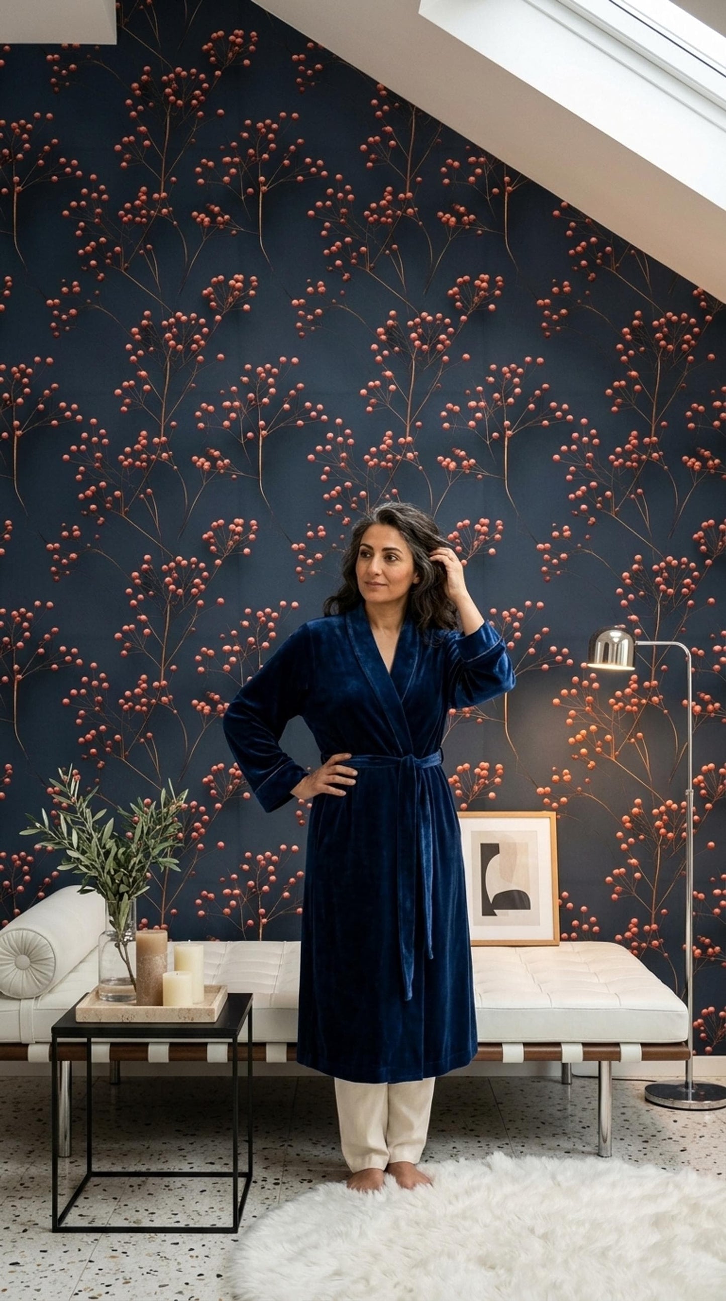 Moody Botanical Wallpaper Navy Berry Branch Pattern Scandinavian Wall Decor
