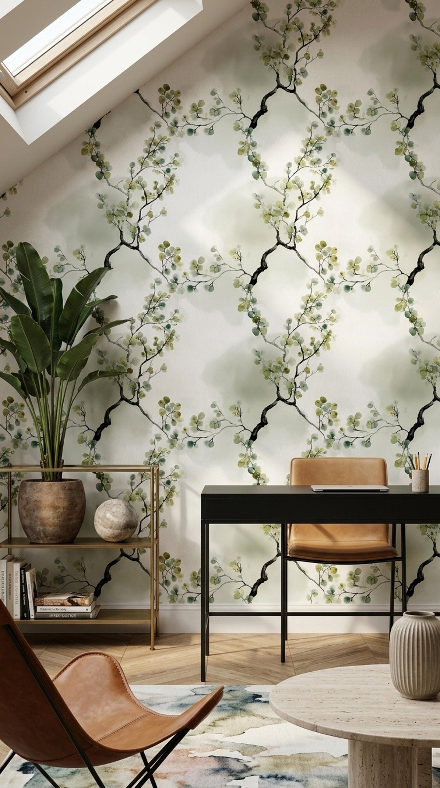 Eucalyptus Leaves Wallpaper Watercolor Sage Green Japandi Botanical Wall Decor