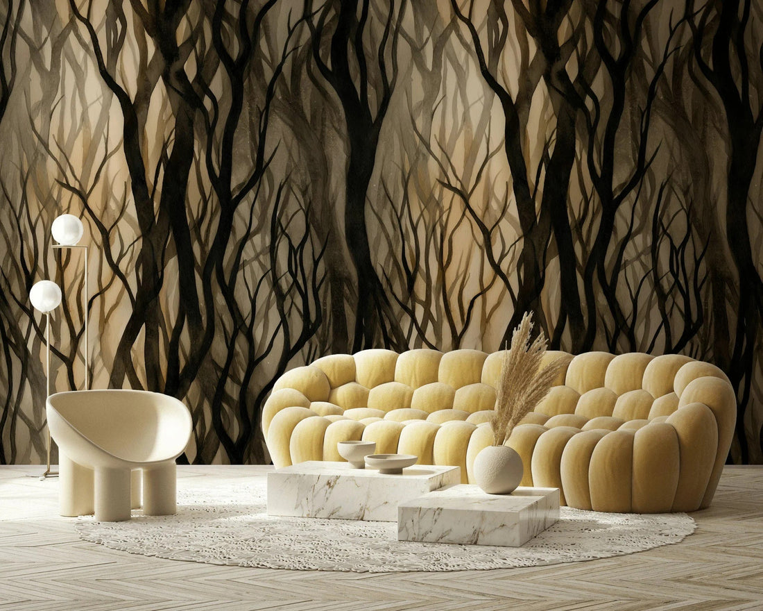 Mystical Forest dark academia wallpaper behind a cream curved sofa in a warm reading room